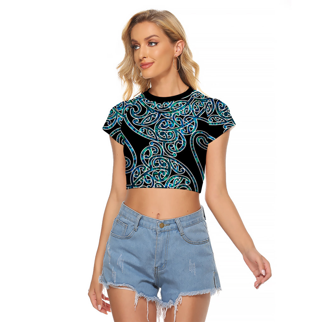 New Zealand Raglan Cropped T Shirt Maori Pattern Papua Shell LT6 Female Green - Polynesian Pride