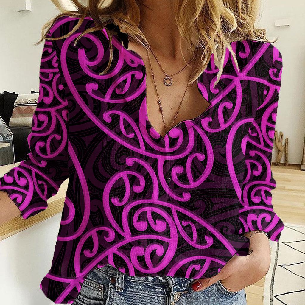 New Zealand Women Casual Shirt Maori Pattern Purple LT6 Female Purple - Polynesian Pride