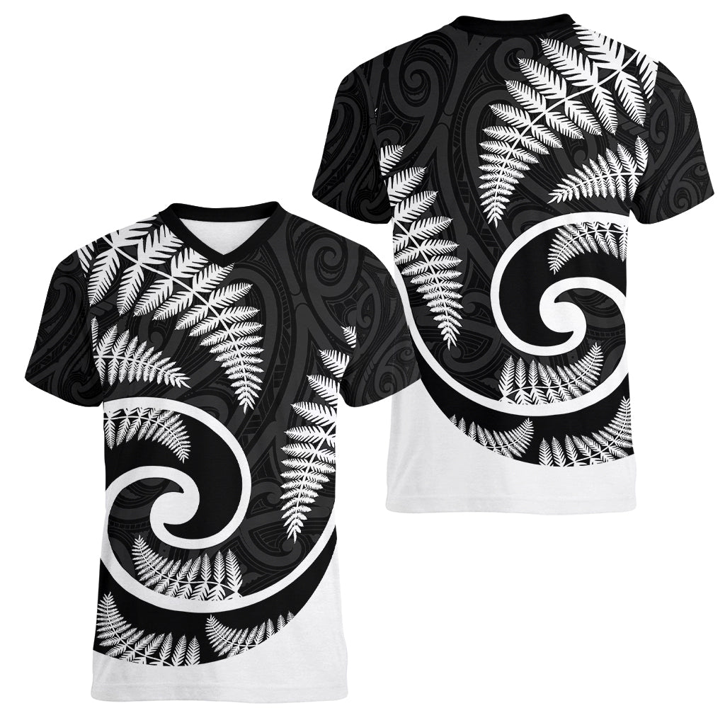 New Zealand Women V Neck T Shirt Maori With Silver Fern White LT6 - Polynesian Pride