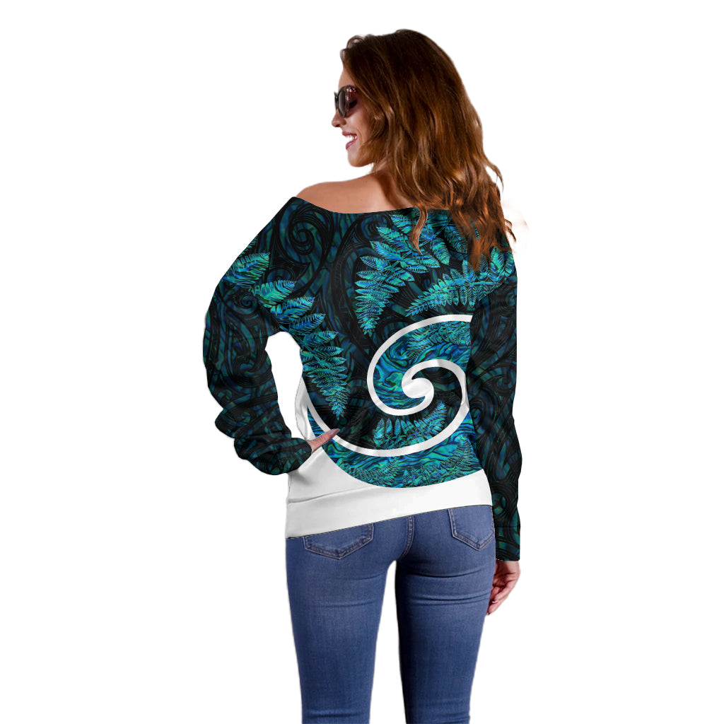 New Zealand Off Shoulder Sweater Maori With Silver Fern Papua Shell Green Ver.1 LT6 - Polynesian Pride