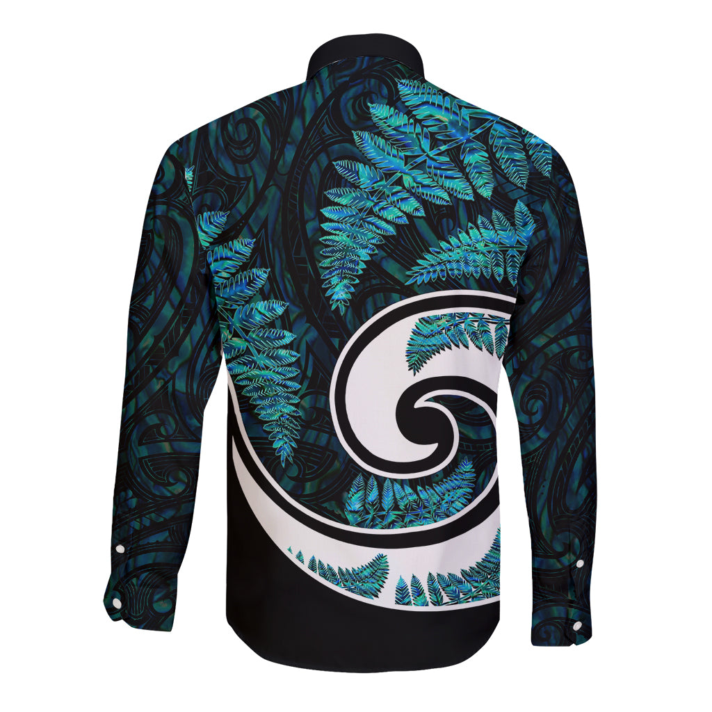 New Zealand Long Sleeve Button Shirt Maori With Silver Fern Papua Shell Green Ver.2 LT6 - Polynesian Pride