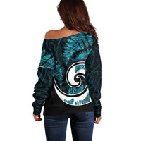 New Zealand Off Shoulder Sweater Maori With Silver Fern Papua Shell Green Ver.2 LT6 - Polynesian Pride