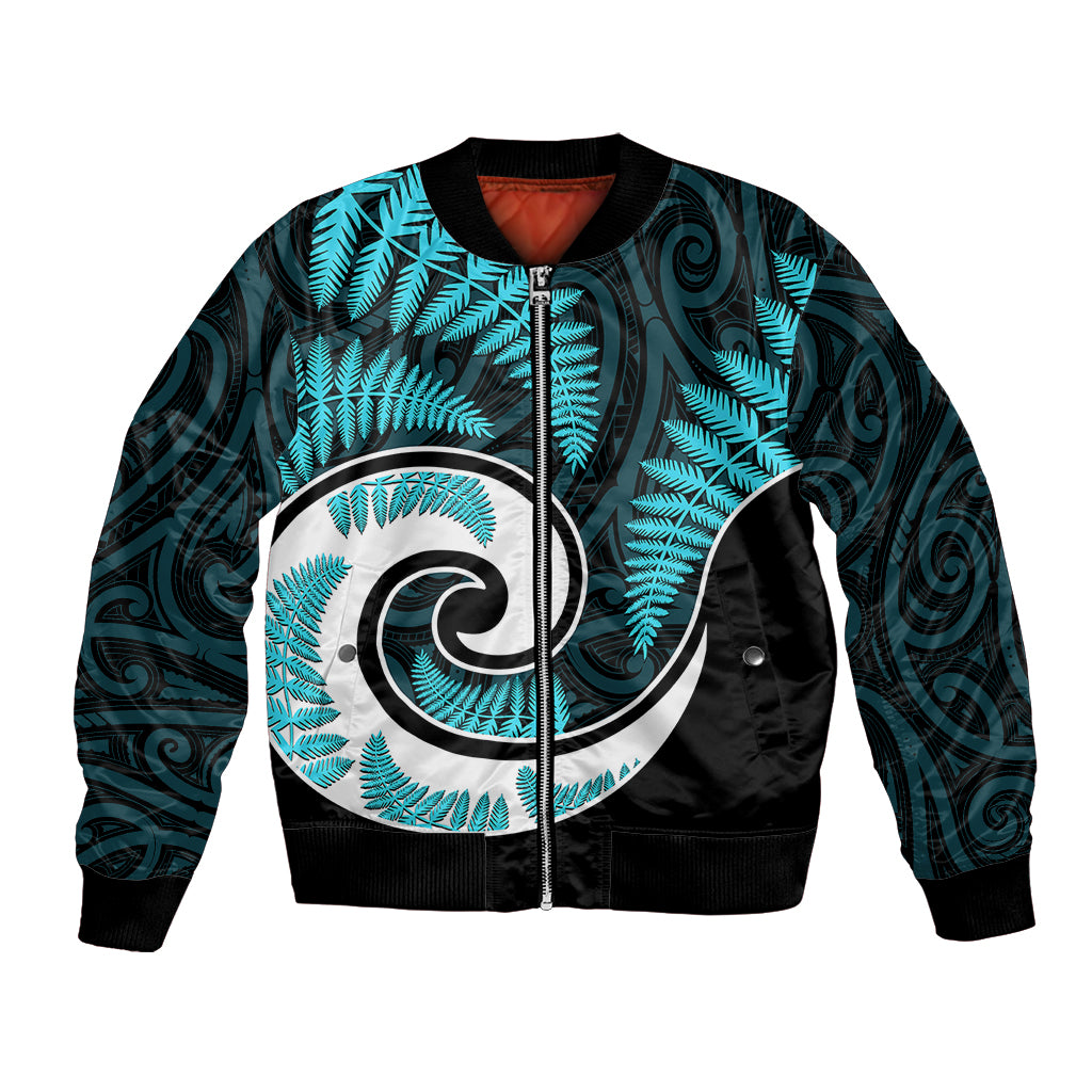 New Zealand Bomber Jacket Maori With Silver Fern Light Blue LT6 Unisex Blue - Polynesian Pride