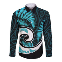 New Zealand Long Sleeve Button Shirt Maori With Silver Fern Light Blue LT6 Unisex Blue - Polynesian Pride