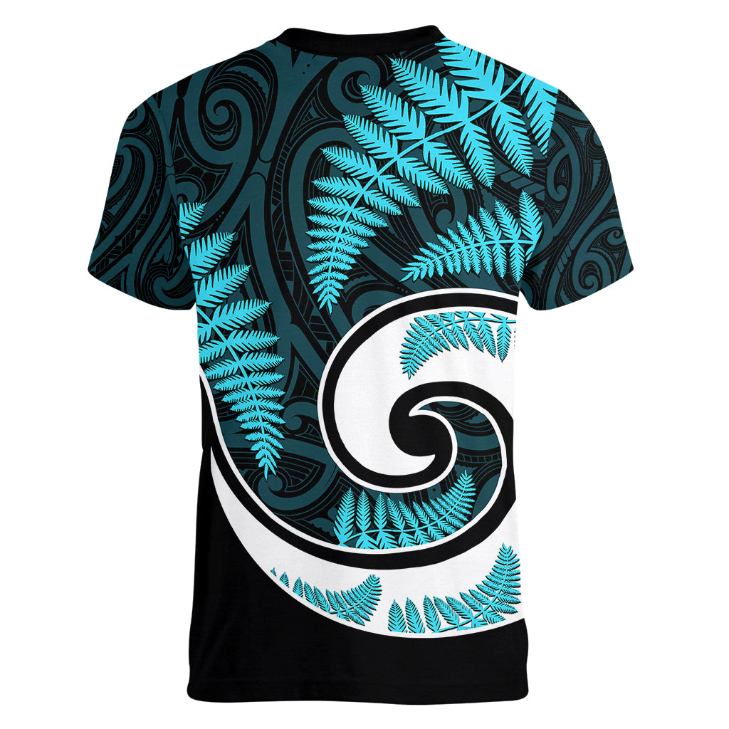 New Zealand Women V Neck T Shirt Maori With Silver Fern Light Blue LT6 - Polynesian Pride