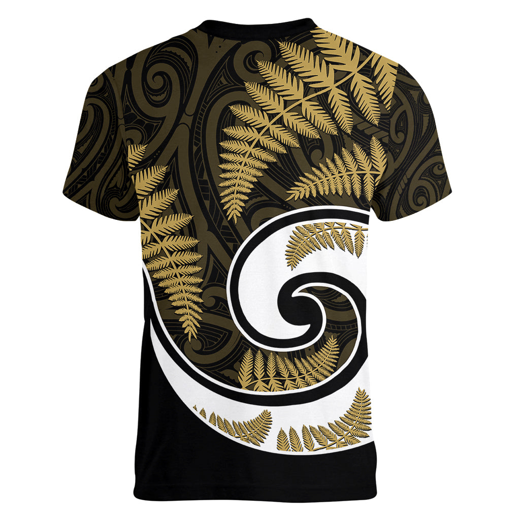New Zealand Women V Neck T Shirt Maori With Silver Fern Gold LT6 - Polynesian Pride