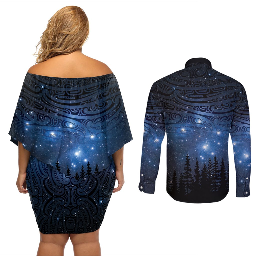 Matariki Te Tau Hou Māori Couples Matching Off Shoulder Short Dress and Long Sleeve Button Shirt New Zealand Starry Sky LT7 - Polynesian Pride
