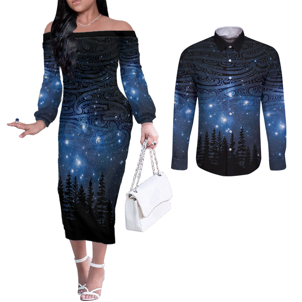 Matariki Te Tau Hou Māori Couples Matching Off The Shoulder Long Sleeve Dress and Long Sleeve Button Shirt New Zealand Starry Sky LT7 Galaxy - Polynesian Pride