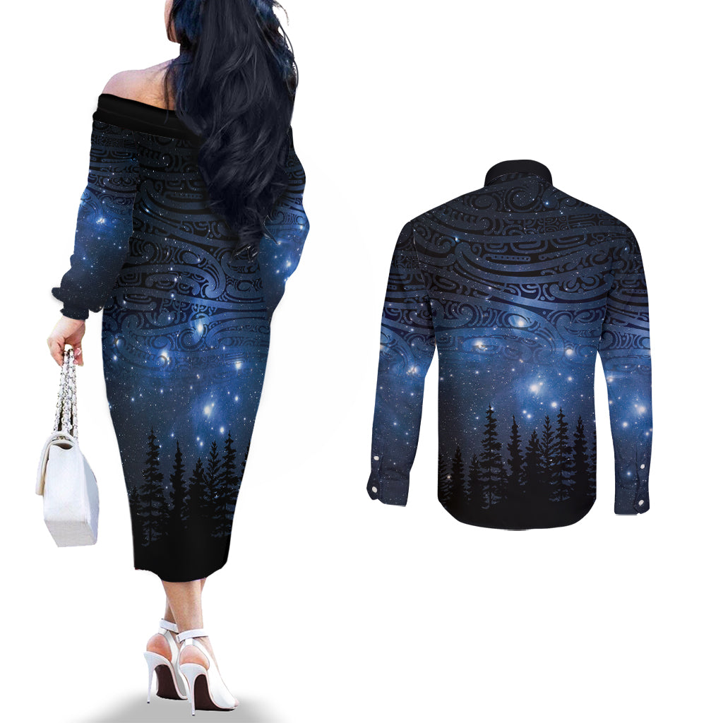 Matariki Te Tau Hou Māori Couples Matching Off The Shoulder Long Sleeve Dress and Long Sleeve Button Shirt New Zealand Starry Sky LT7 - Polynesian Pride
