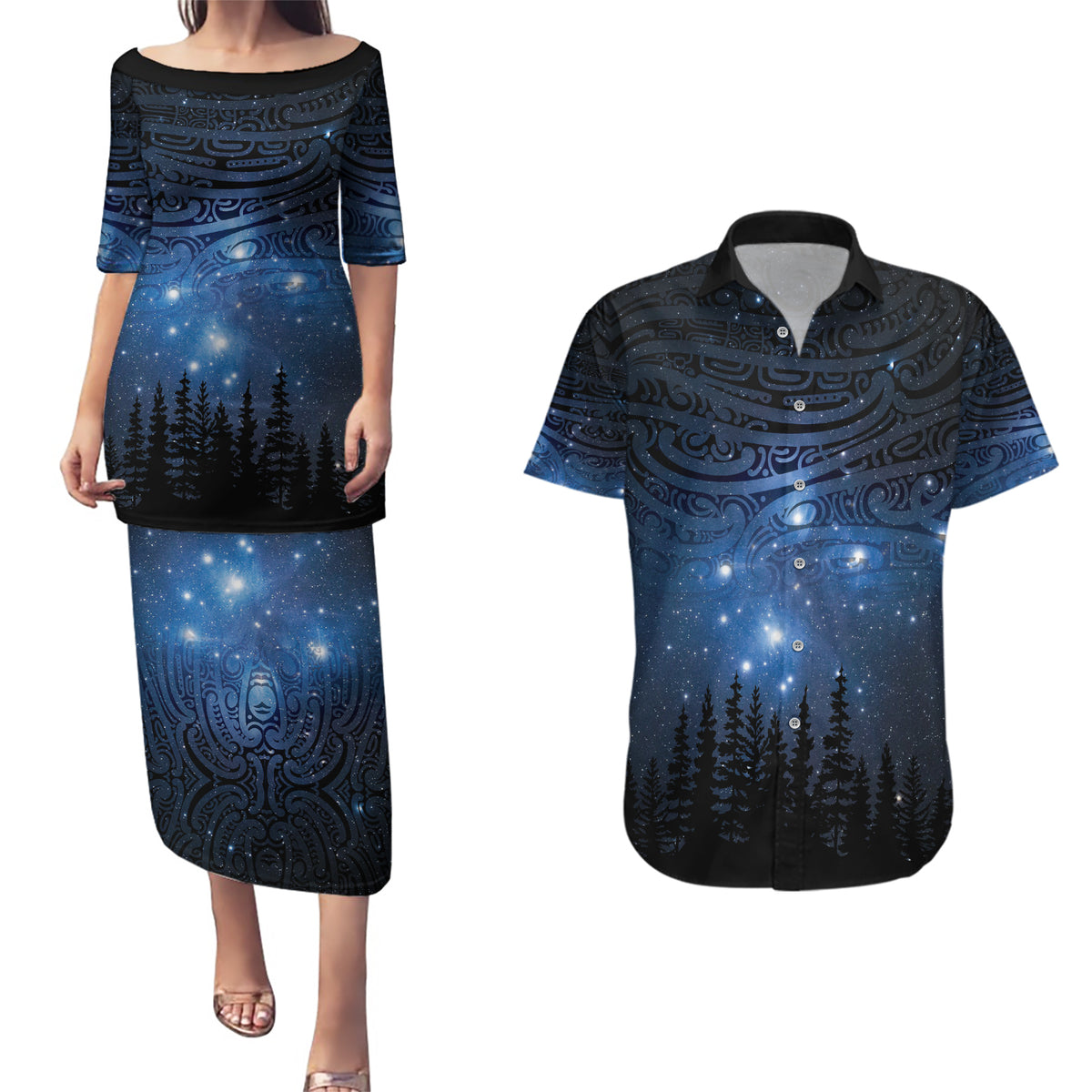 Matariki Te Tau Hou Māori Couples Matching Puletasi and Hawaiian Shirt New Zealand Starry Sky LT7 Galaxy - Polynesian Pride
