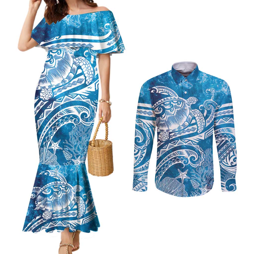 World Ocean Day Polynesian Pattern Couples Matching Mermaid Dress and Long Sleeve Button Shirt Crystal Waves