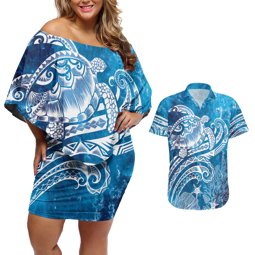 World Ocean Day Polynesian Pattern Couples Matching Off Shoulder Short Dress and Hawaiian Shirt Crystal Waves LT7 Blue - Polynesian Pride