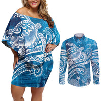 World Ocean Day Polynesian Pattern Couples Matching Off Shoulder Short Dress and Long Sleeve Button Shirt Crystal Waves