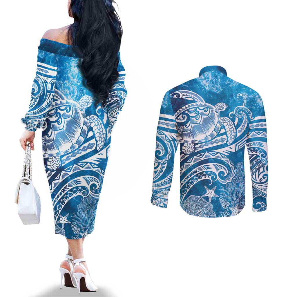 World Ocean Day Polynesian Pattern Couples Matching Off The Shoulder Long Sleeve Dress and Long Sleeve Button Shirt Crystal Waves