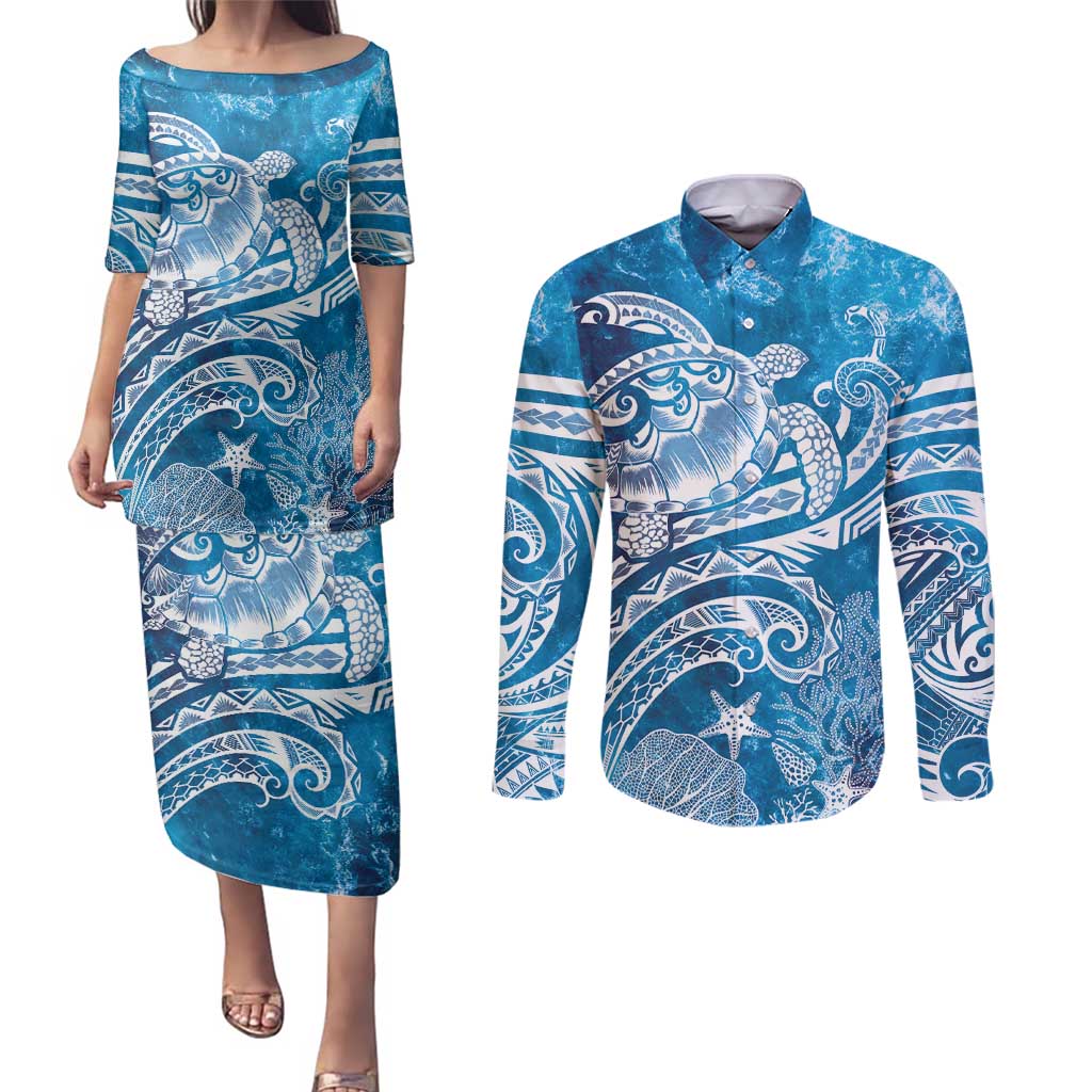 World Ocean Day Polynesian Pattern Couples Matching Puletasi and Long Sleeve Button Shirt Crystal Waves