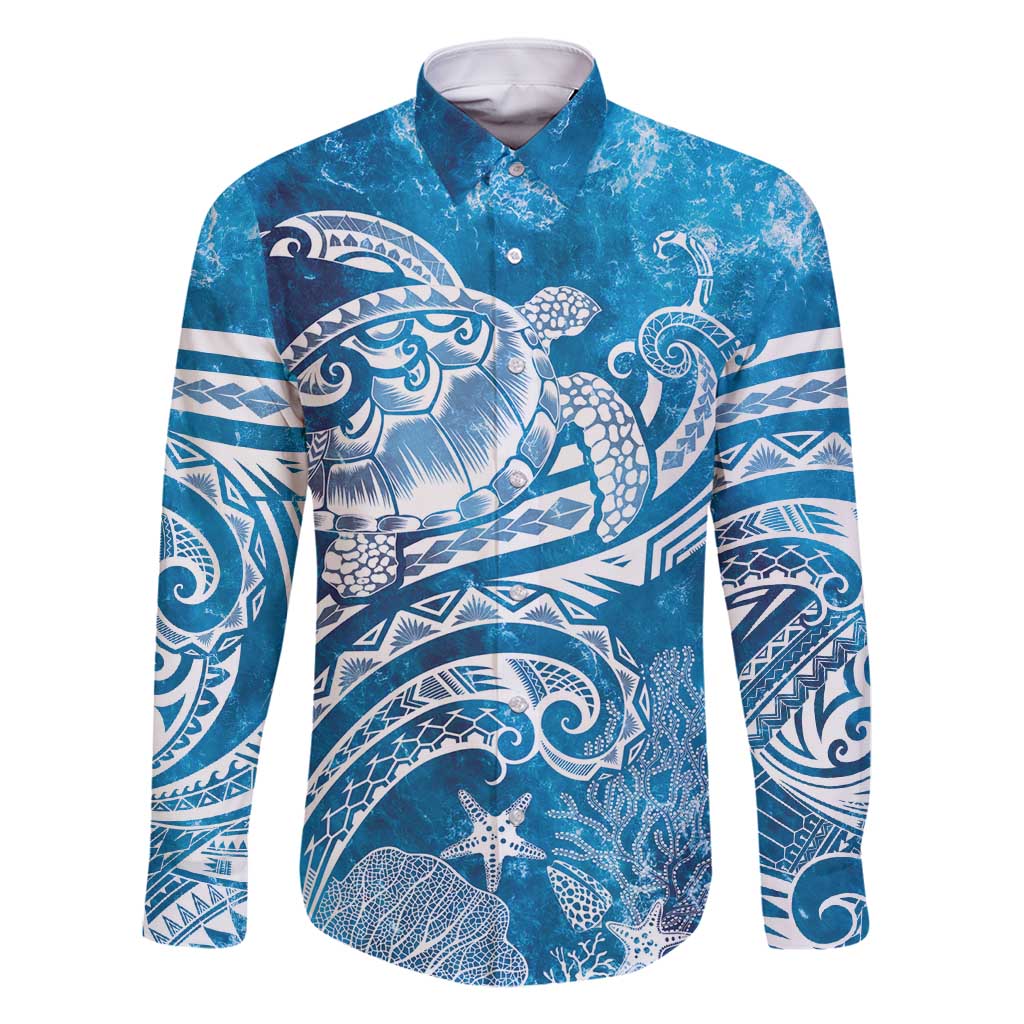 World Ocean Day Polynesian Pattern Family Matching Long Sleeve Bodycon Dress and Hawaiian Shirt Crystal Waves