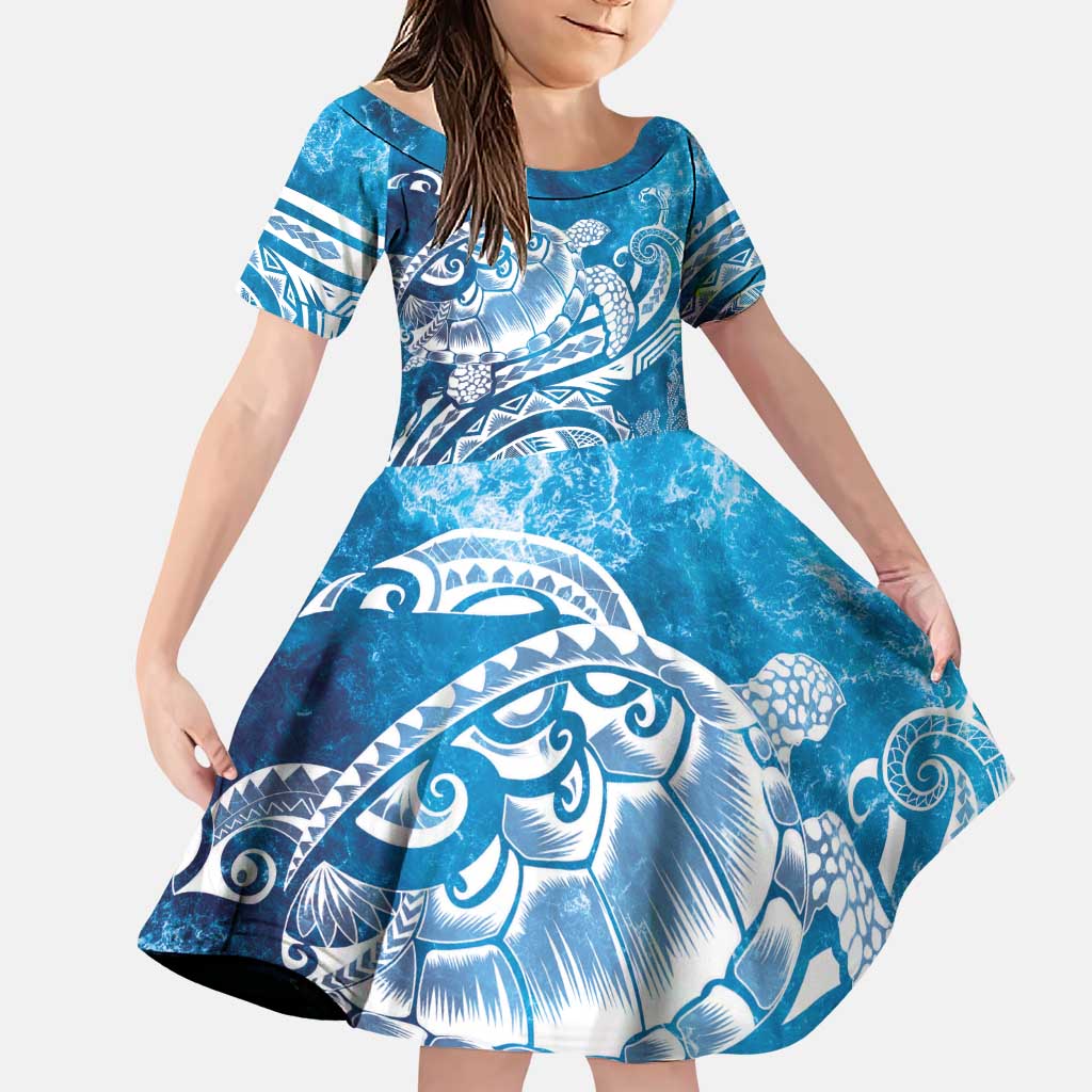World Ocean Day Polynesian Pattern Family Matching Puletasi and Hawaiian Shirt Crystal Waves LT7 Daughter's Dress Blue - Polynesian Pride
