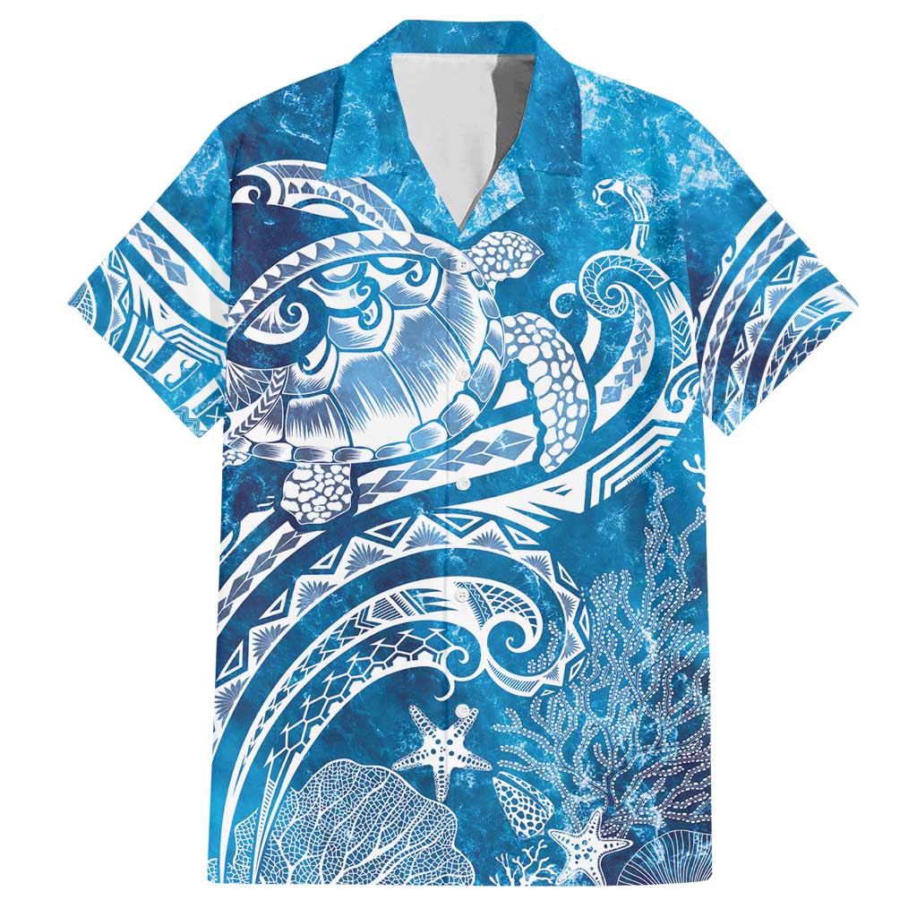 World Ocean Day Polynesian Pattern Family Matching Puletasi and Hawaiian Shirt Crystal Waves LT7 Dad's Shirt - Short Sleeve Blue - Polynesian Pride
