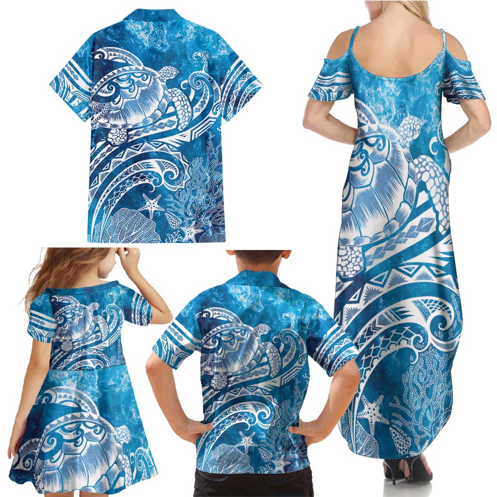 World Ocean Day Polynesian Pattern Family Matching Summer Maxi Dress and Hawaiian Shirt Crystal Waves