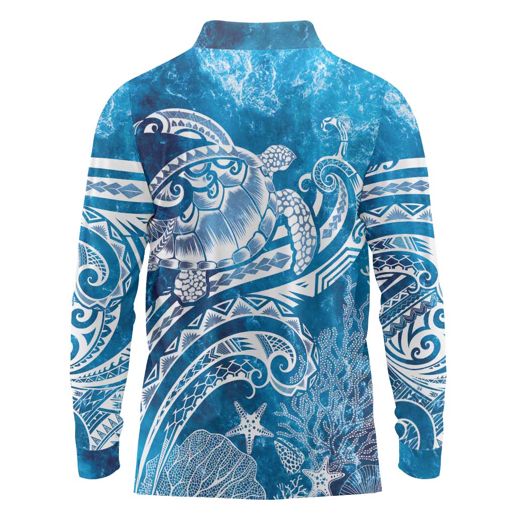 World Ocean Day Polynesian Pattern Long Sleeve Polo Shirt Crystal Waves LT7 - Polynesian Pride