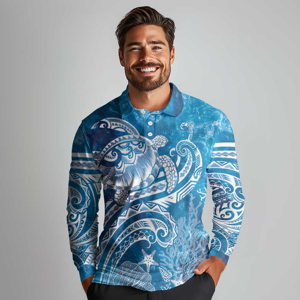World Ocean Day Polynesian Pattern Long Sleeve Polo Shirt Crystal Waves LT7 - Polynesian Pride