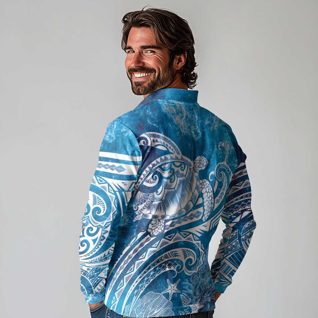 World Ocean Day Polynesian Pattern Long Sleeve Polo Shirt Crystal Waves LT7 - Polynesian Pride