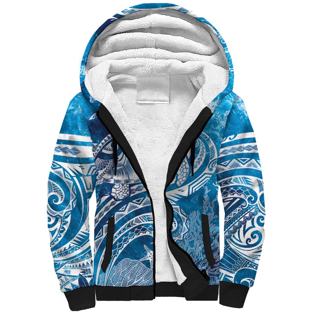 World Ocean Day Polynesian Pattern Sherpa Hoodie Crystal Waves