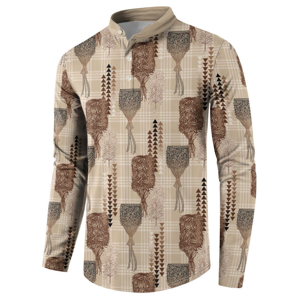 Aloha Hawaii Vintage Kahili Pa'a Lima Button Sweatshirt Palaka Print Cozy Beige