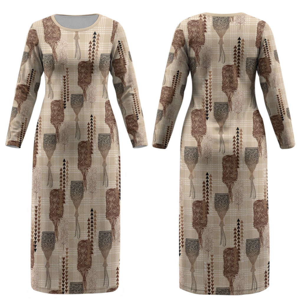Aloha Hawaii Vintage Kahili Pa'a Lima Couples Matching Long Sleeve Bodycon Dress and Long Sleeve Button Shirt Palaka Print Cozy Beige