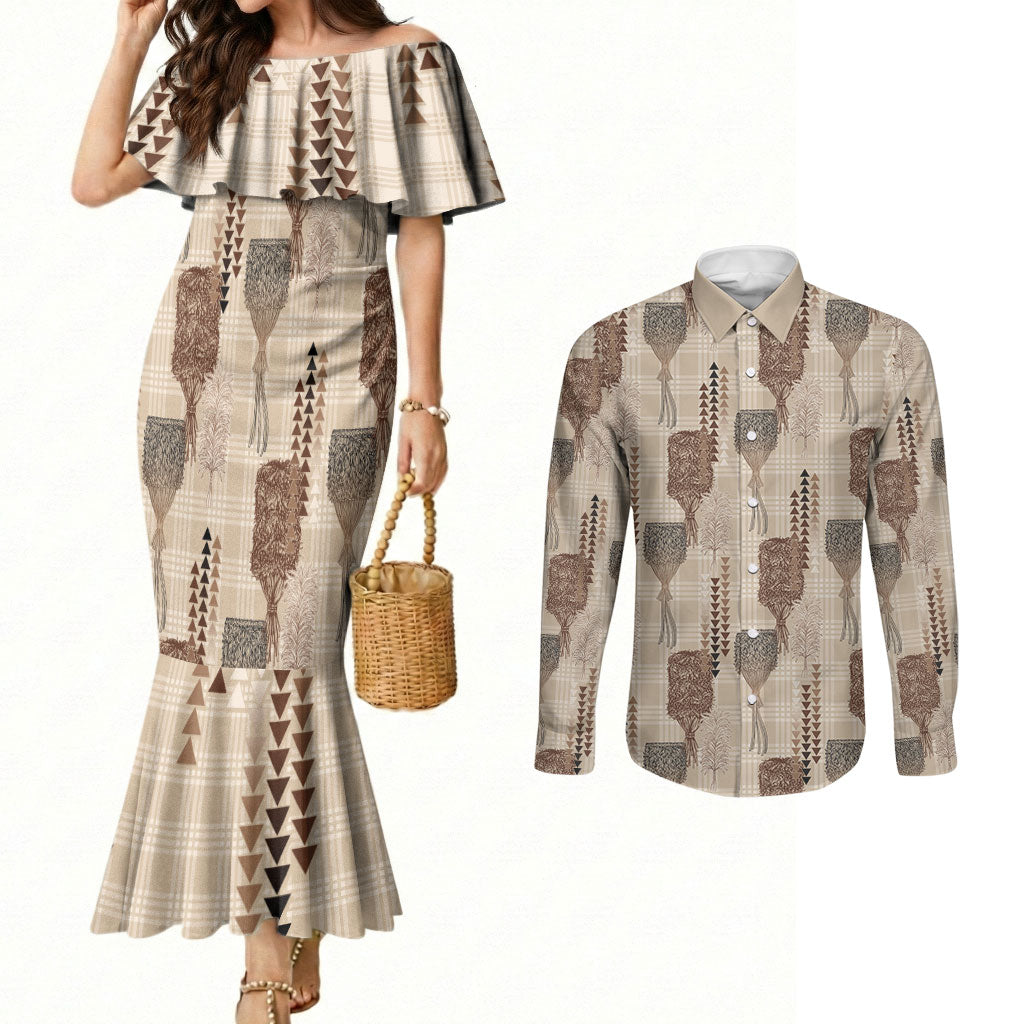 Aloha Hawaii Vintage Kahili Pa'a Lima Couples Matching Mermaid Dress and Long Sleeve Button Shirt Palaka Print Cozy Beige