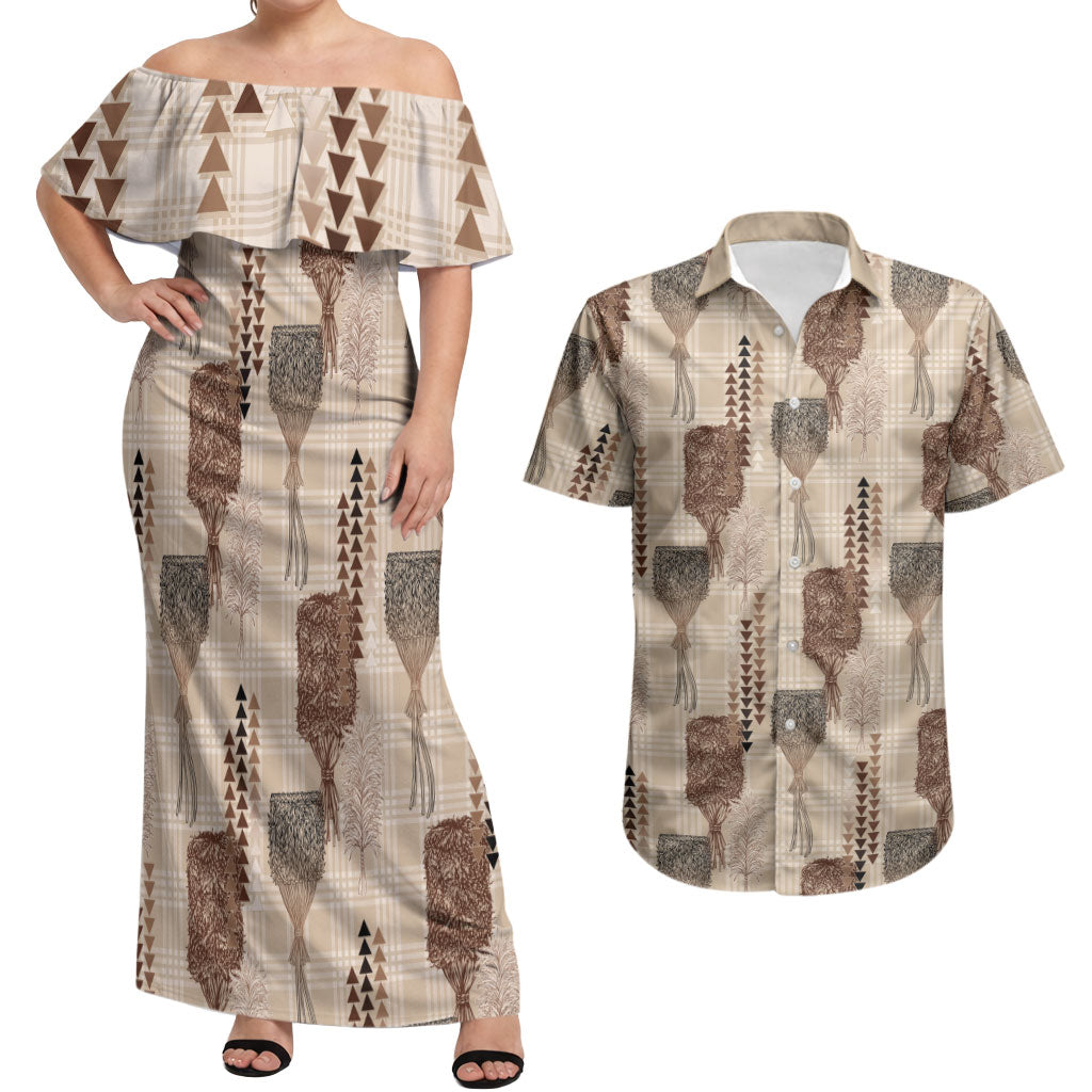 Aloha Hawaii Vintage Kahili Pa'a Lima Couples Matching Off Shoulder Maxi Dress and Hawaiian Shirt Palaka Print Cozy Beige