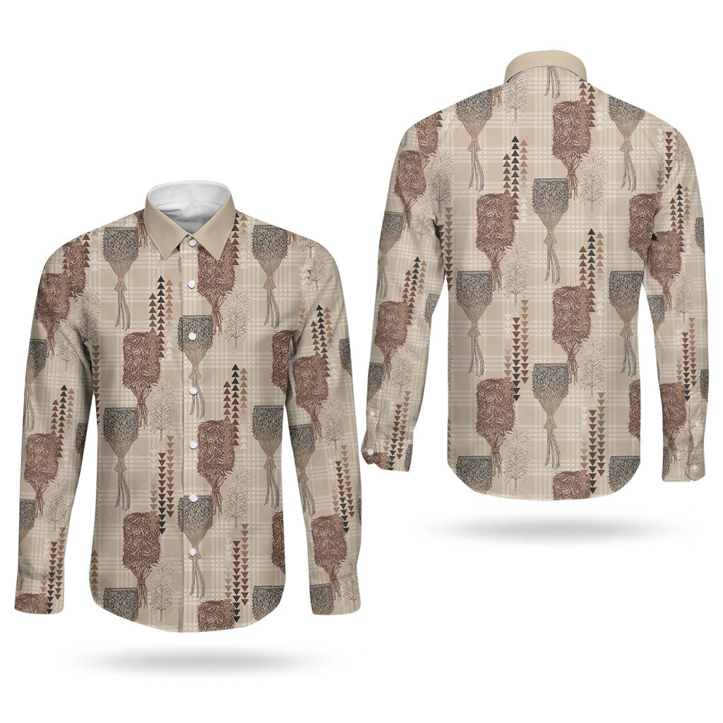 Aloha Hawaii Vintage Kahili Pa'a Lima Couples Matching Off Shoulder Maxi Dress and Long Sleeve Button Shirt Palaka Print Cozy Beige