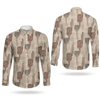 Aloha Hawaii Vintage Kahili Pa'a Lima Couples Matching Off Shoulder Maxi Dress and Long Sleeve Button Shirt Palaka Print Cozy Beige