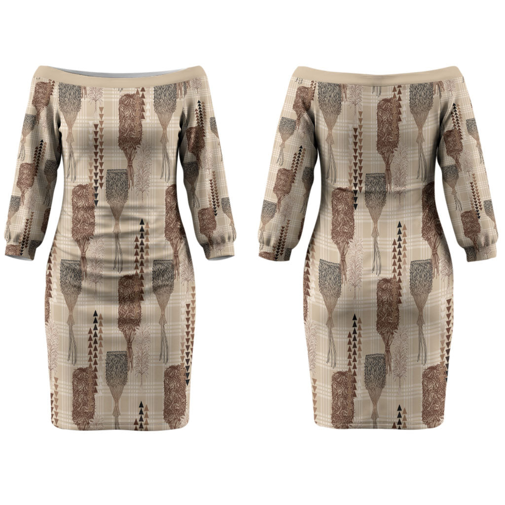 Aloha Hawaii Vintage Kahili Pa'a Lima Couples Matching Off The Shoulder Long Sleeve Dress and Hawaiian Shirt Palaka Print Cozy Beige