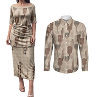 Aloha Hawaii Vintage Kahili Pa'a Lima Couples Matching Puletasi and Long Sleeve Button Shirt Palaka Print Cozy Beige