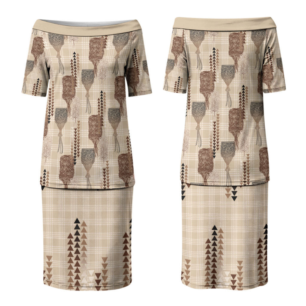 Aloha Hawaii Vintage Kahili Pa'a Lima Couples Matching Puletasi and Long Sleeve Button Shirt Palaka Print Cozy Beige