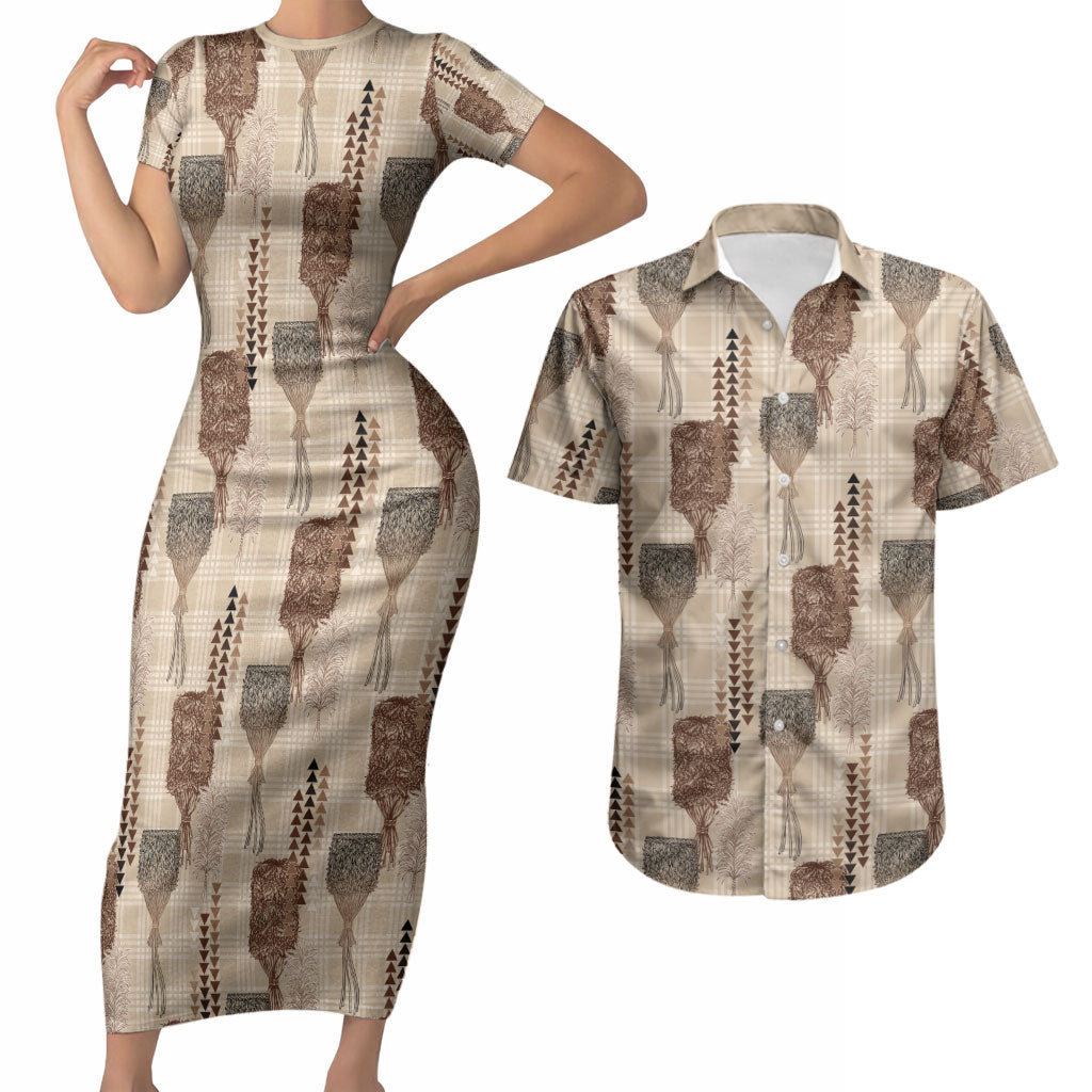 Aloha Hawaii Vintage Kahili Pa'a Lima Couples Matching Short Sleeve Bodycon Dress and Hawaiian Shirt Palaka Print Cozy Beige LT7 Beige - Polynesian Pride