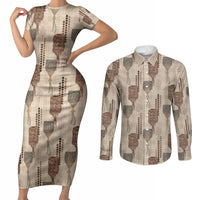 Aloha Hawaii Vintage Kahili Pa'a Lima Couples Matching Short Sleeve Bodycon Dress and Long Sleeve Button Shirt Palaka Print Cozy Beige