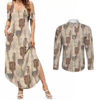 Aloha Hawaii Vintage Kahili Pa'a Lima Couples Matching Summer Maxi Dress and Long Sleeve Button Shirt Palaka Print Cozy Beige