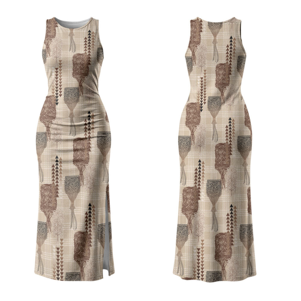 Aloha Hawaii Vintage Kahili Pa'a Lima Couples Matching Tank Maxi Dress and Long Sleeve Button Shirt Palaka Print Cozy Beige