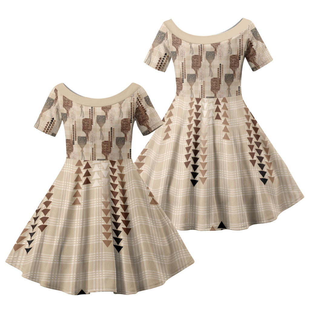 Aloha Hawaii Vintage Kahili Pa'a Lima Family Matching Mermaid Dress and Hawaiian Shirt Palaka Print Cozy Beige