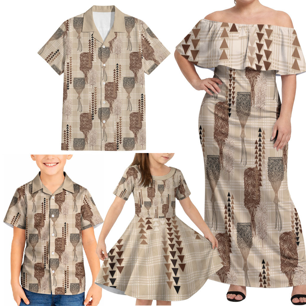 Aloha Hawaii Vintage Kahili Pa'a Lima Family Matching Off Shoulder Maxi Dress and Hawaiian Shirt Palaka Print Cozy Beige LT7 - Polynesian Pride