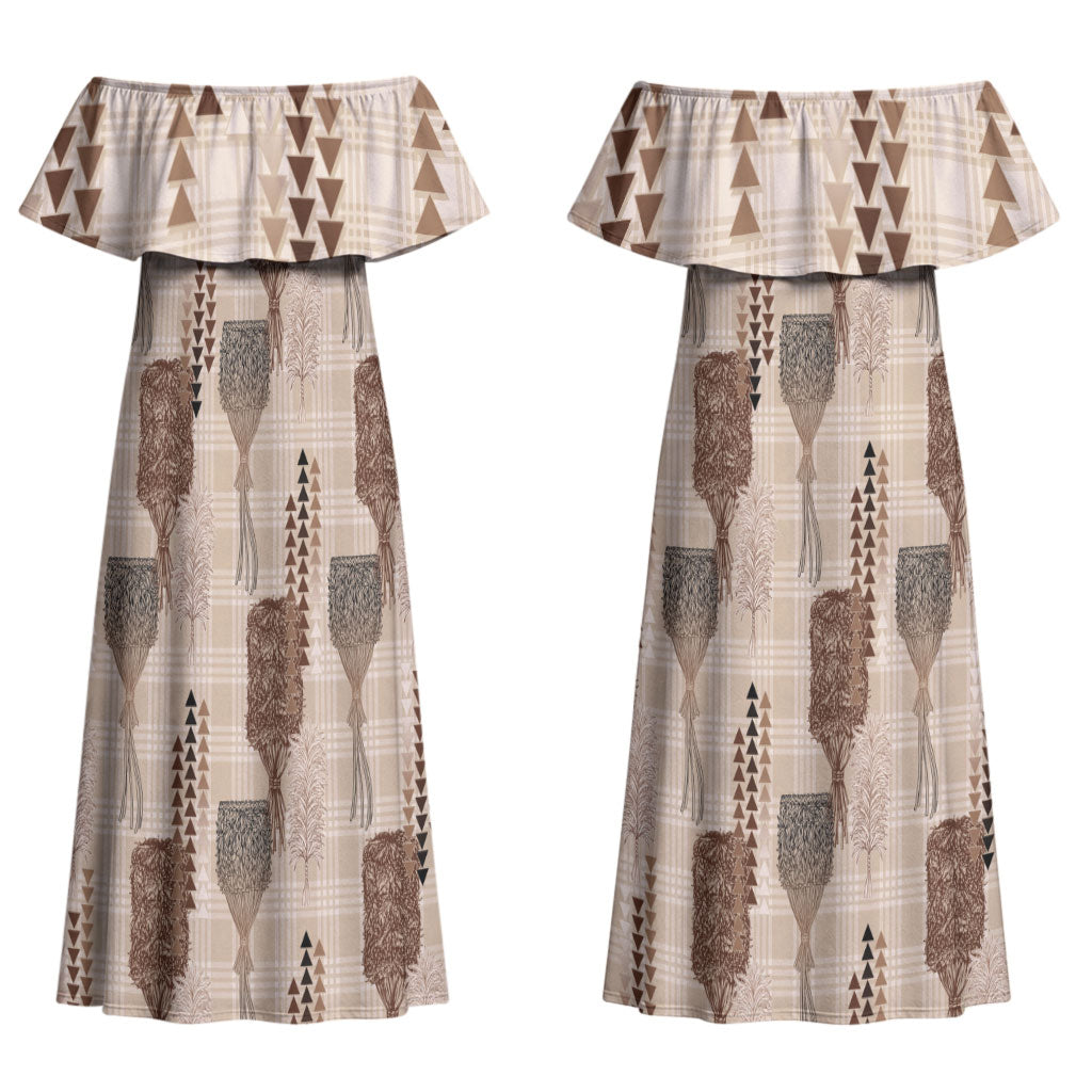 Aloha Hawaii Vintage Kahili Pa'a Lima Family Matching Off Shoulder Maxi Dress and Hawaiian Shirt Palaka Print Cozy Beige