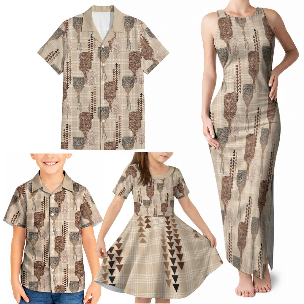 Aloha Hawaii Vintage Kahili Pa'a Lima Family Matching Tank Maxi Dress and Hawaiian Shirt Palaka Print Cozy Beige