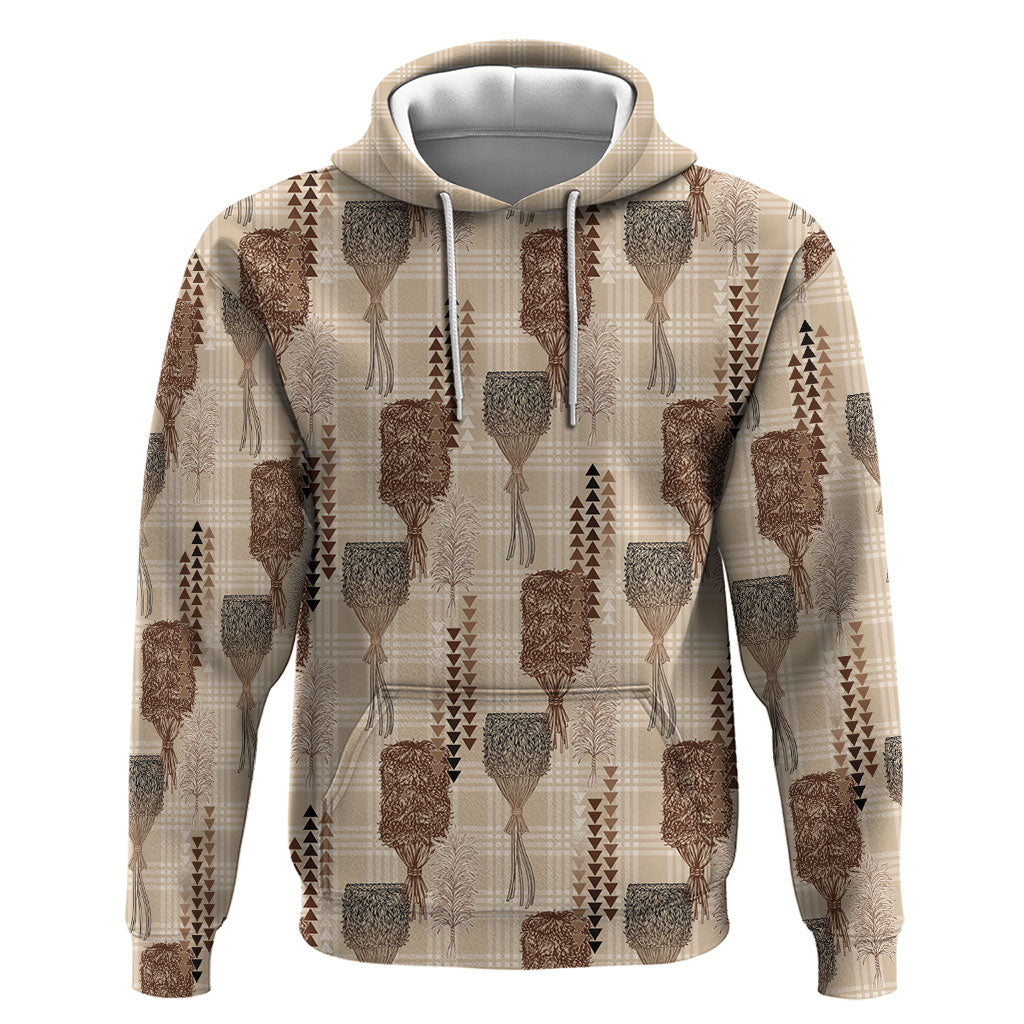 Aloha Hawaii Vintage Kahili Pa'a Lima Hoodie Palaka Print Cozy Beige