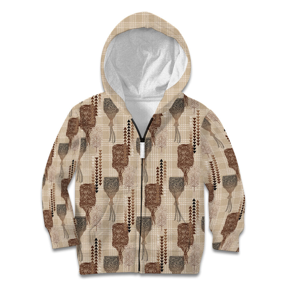 Aloha Hawaii Vintage Kahili Pa'a Lima Kid Hoodie Palaka Print Cozy Beige