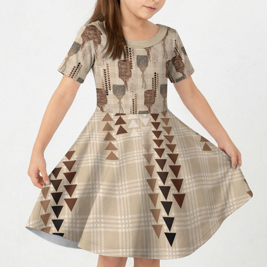 Aloha Hawaii Vintage Kahili Pa'a Lima Kid Short Sleeve Dress Palaka Print Cozy Beige LT7 KID Beige - Polynesian Pride