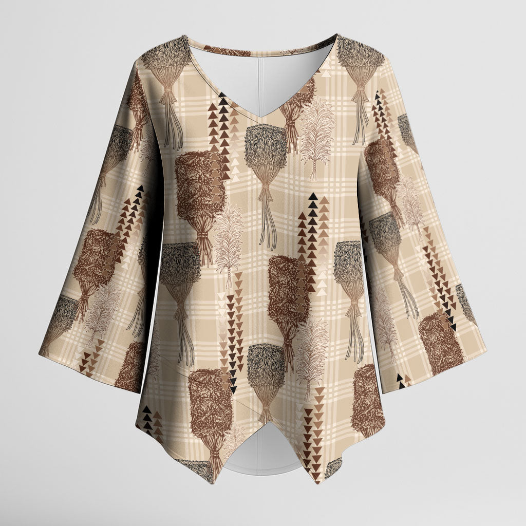 Aloha Hawaii Vintage Kahili Pa'a Lima Kimono Sleeve Blouse Palaka Print Cozy Beige