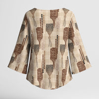 Aloha Hawaii Vintage Kahili Pa'a Lima Kimono Sleeve Blouse Palaka Print Cozy Beige