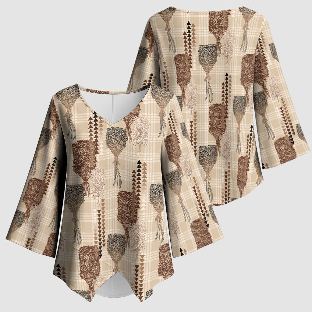 Aloha Hawaii Vintage Kahili Pa'a Lima Kimono Sleeve Blouse Palaka Print Cozy Beige